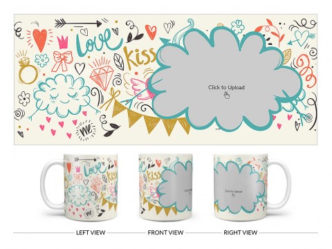 Love, Ring, Kiss, Me & Etc. Pattern Background With Flower Shape Pic Upload Design On Plain white Mug
