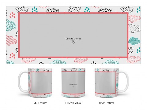 Clouds And Rain Drops Background With Large Single Pic Upload Design On Plain white Mug
