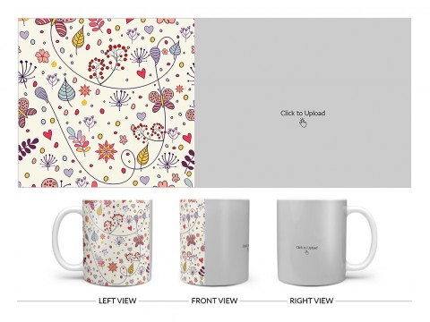 Multiple Trees, Flower & Butterfly’s Pattern Background Design On Plain white Mug