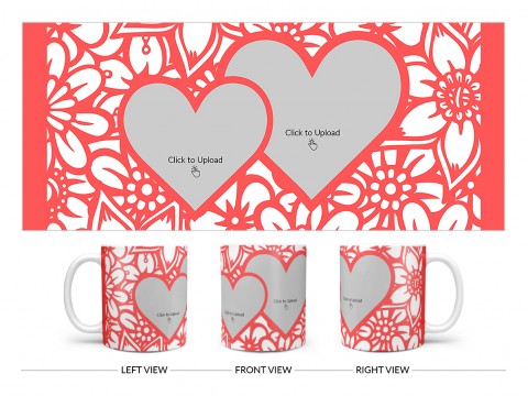 Flower Pattern Background With 2 Love Symbol Pic Upload Design On Plain white Mug