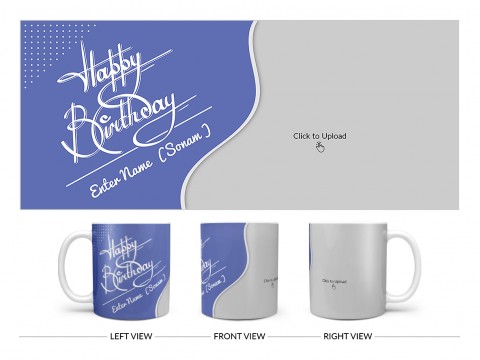 Blue Wave Design With Happy Birthday Text Design On Plain white Mug